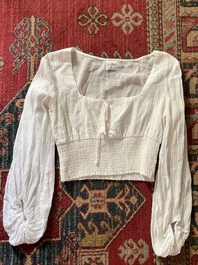 Princess Polly White Smocked Tie-Front Long Sleeve Crop Top